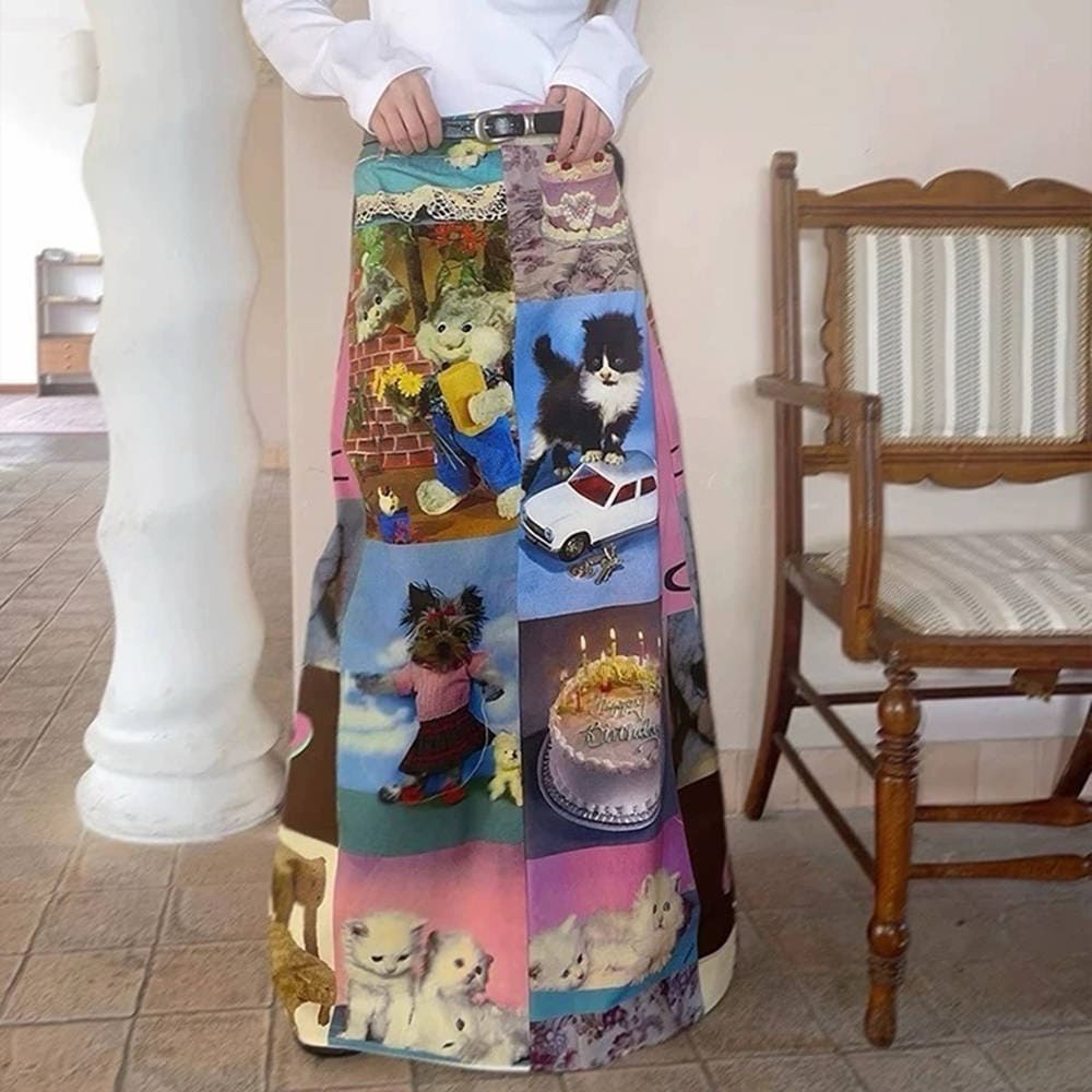 y2k cat collage midi skirt boogzel clothing