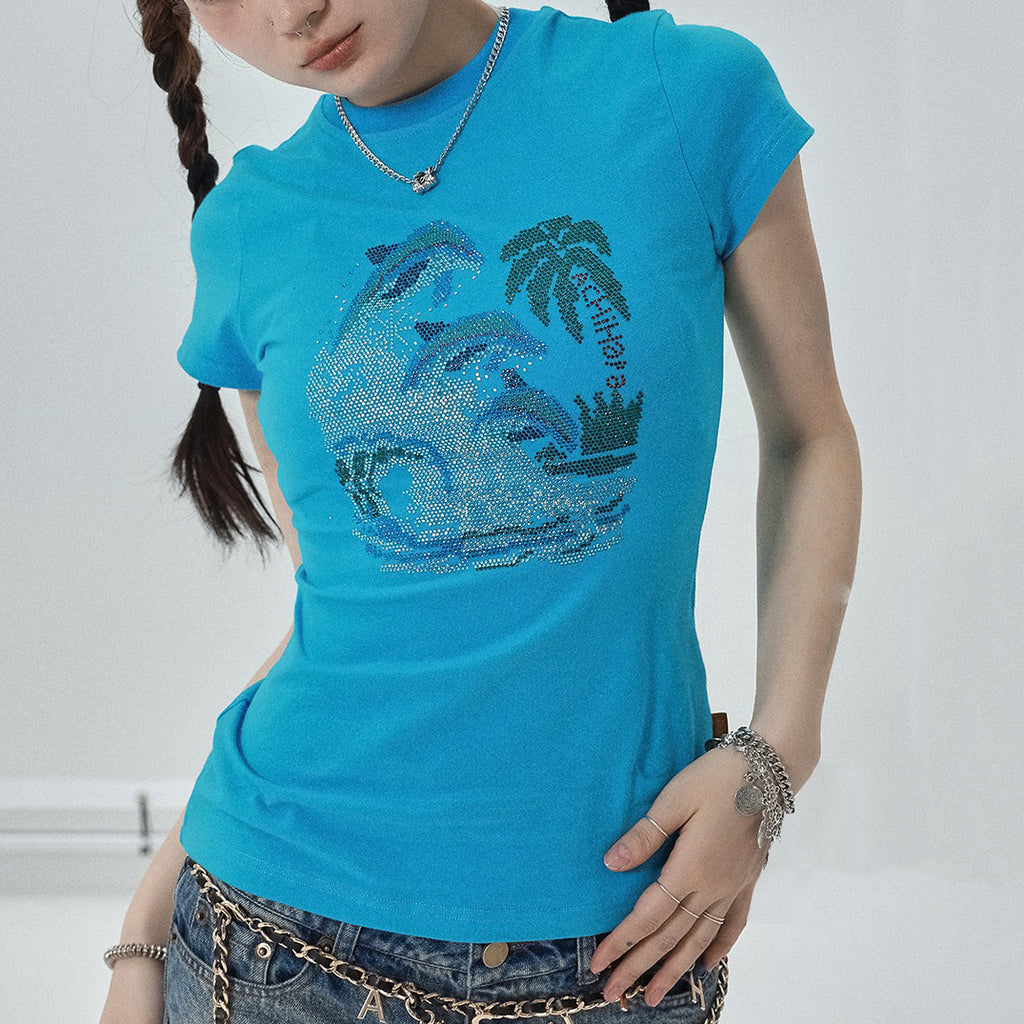 y2k dolphin rhinestone baby tee boogzel clothing
