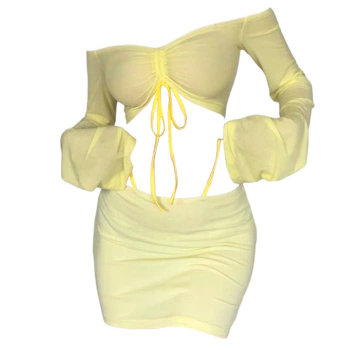 y2k yellow crop top and skirt set boogzel clothing
