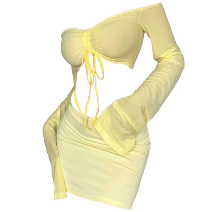 y2k yellow crop top and skirt set boogzel clothing