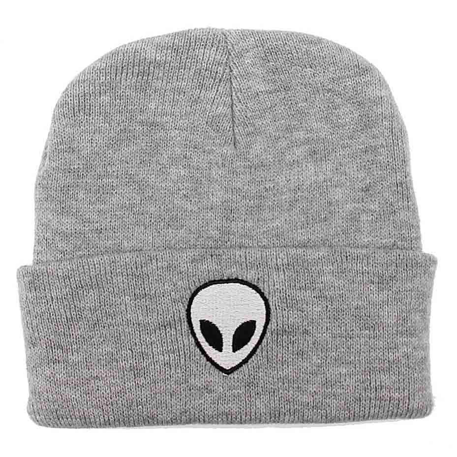 Alien Embroidered Beanie hat gray grey
